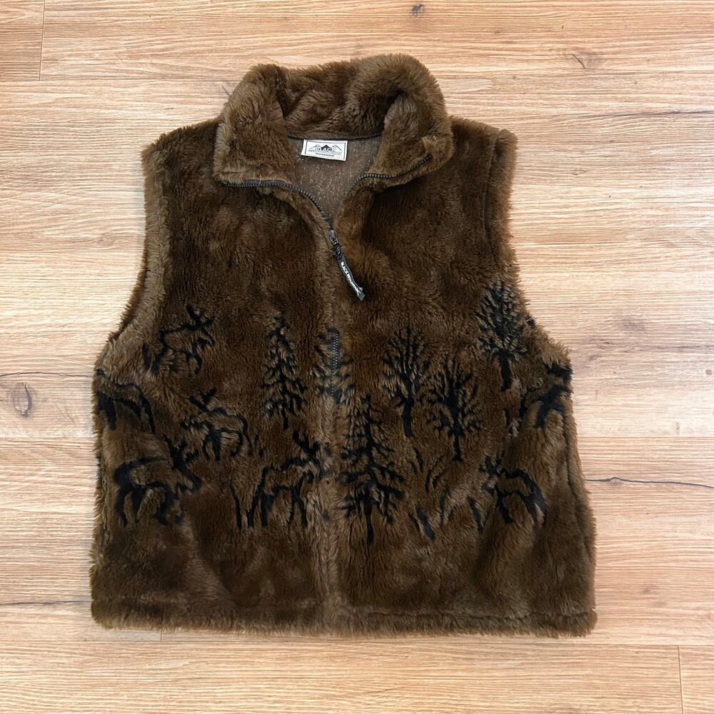 Vintage Outdoor Faux Fur Fuzzy Vest Deer Forest Print Zip Vest Size Large -